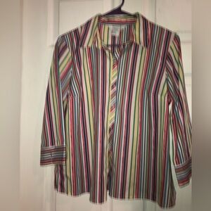 size PS vertical metallic stripe silky feel long sleeve, dressy, City Blues EUC
